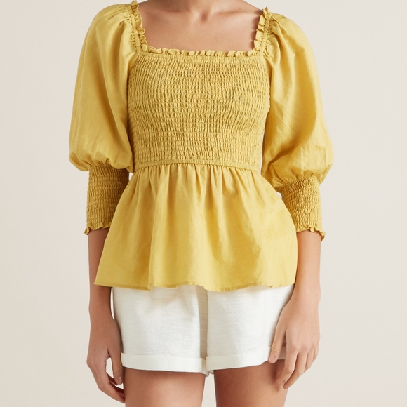 SEED HERITAGE Linen Cotton Puff Sleeve Yellow Pretty Shirred Top Blouse - Picture 3 of 8